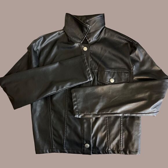 Black Faux Leather Cropped Button Down Lightweight Jacket - Picture 8 of 13